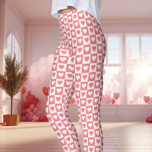 Pink Checkerboard Heart Valentine'S Day Leggings