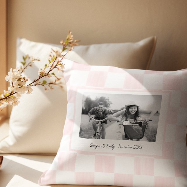 Pink Checkerboard Personalized Photo Throw Pillow (Creator Uploaded)