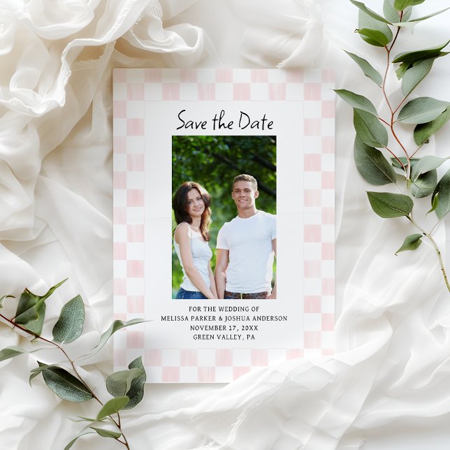 Pink Checkerboard Photo Save the Date Invitation (Creator Uploaded)