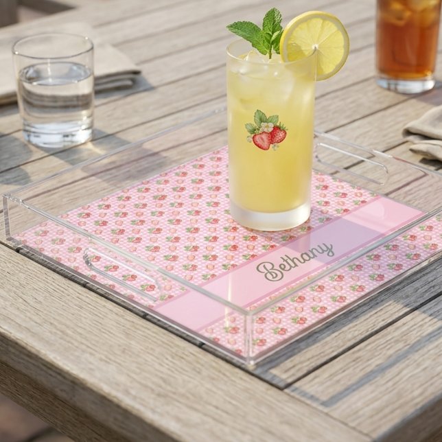 Pink Checkerboard Plaid Strawberry Gingham Pattern Acrylic Tray (Creator Uploaded)