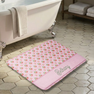 Pink Checkerboard Plaid Strawberry Gingham Pattern Bath Mat