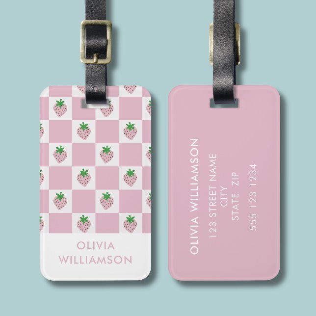 Pink Checkerboard Summer Strawberry Luggage Tag (Pink checkerboard summer strawberry personalised luggage tag)