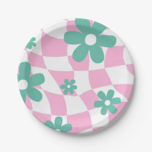 Pink Checkerboard & Teal Daisy Baby Shower Paper Plates