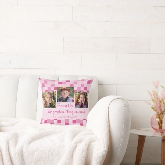Pink Checkered 3 Photo Family is the Greatest Throw Pillow (Couch)