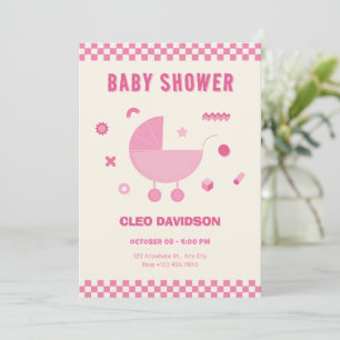 Pink Checkered baby stroller baby shower Invitation