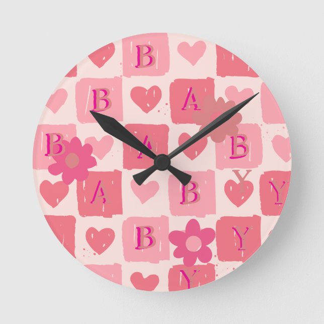 Pink checkered Baby Wall Clock (Front)