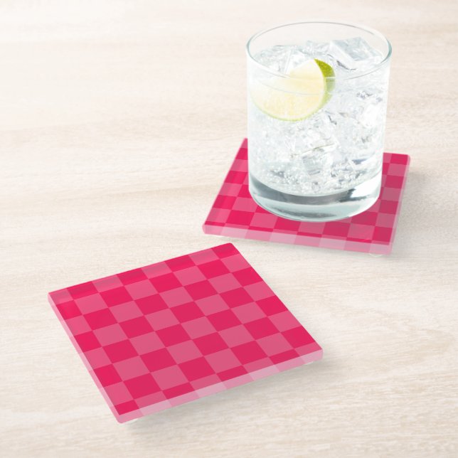 Pink checkered background glass coaster (Angled)