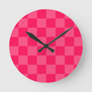 Pink checkered background round clock