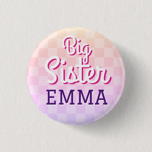 Pink Checkered Big Sister Pin Button (Front)
