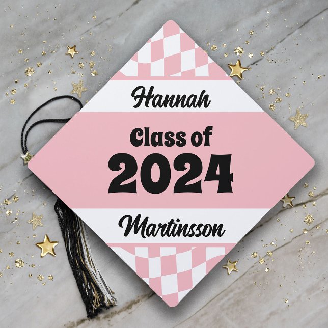 Pink Checkered Class of 2024 Graduation  Cap Topper (Pink and white checkered, retro-style Class of 2024 graduation tassel topper)
