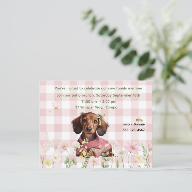 Pink Checkered Dachshund Invitation (Standing Front)