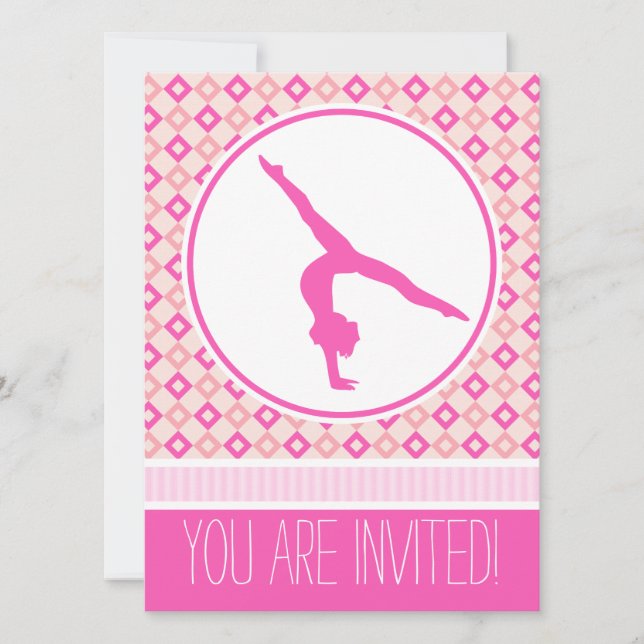 Pink Checkered Diamonds Gymnastic Party Invitation (Front)
