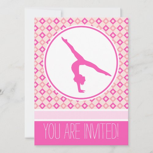 Pink Checkered Diamonds Gymnastic Party Invitation