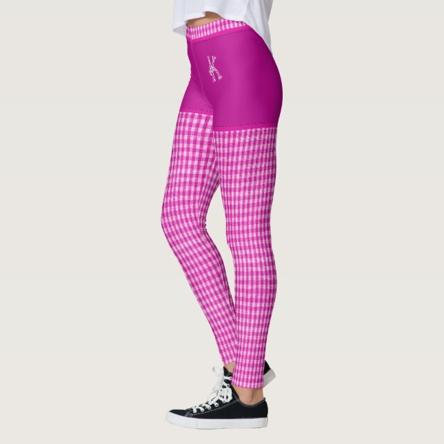 Pink Checkered Fabric Print Monogram Personalized Leggings (Left)