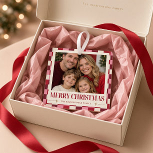 Pink Checkered Family Photo Christmas Metal Ornament