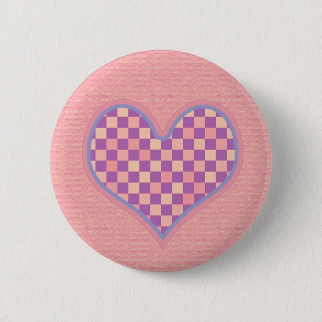 pink checkered heart pinback button (Front)