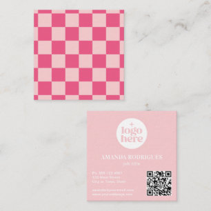 Pink Checkered Logo QR Code Square Business Card