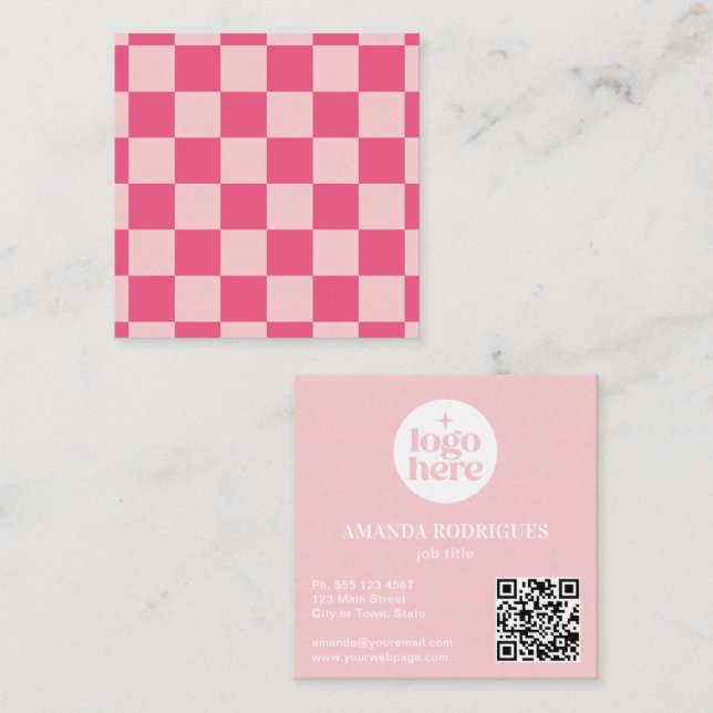 Pink Checkered Logo QR Code Square Business Card (Front/Back)