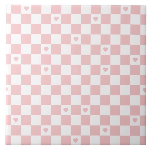 Pink Checkered Pattern Background Ceramic Tile (Front)