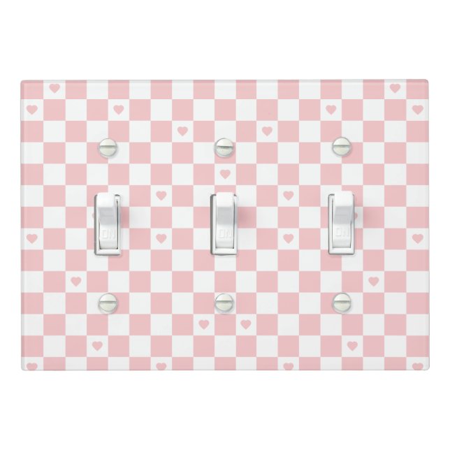Pink Checkered Pattern Background Light Switch Cover (In Situ)
