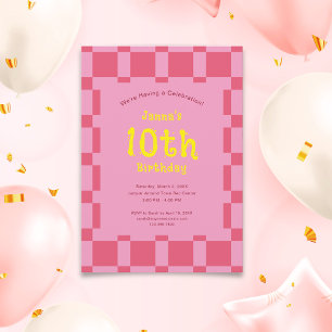 Pink Checkered Pattern Cute Girl Birthday Invitation