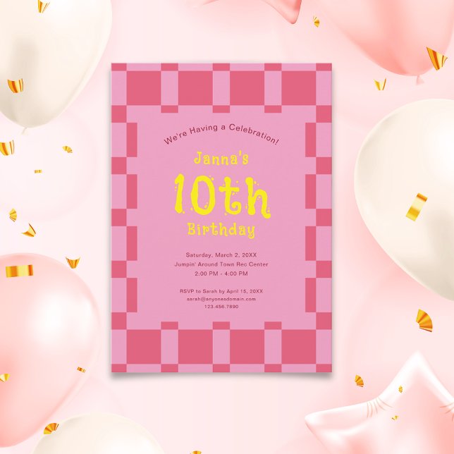 Pink Checkered Pattern Cute Girl Birthday Invitation (Pink Checkered Pattern Cute Girl Birthday Invitation)
