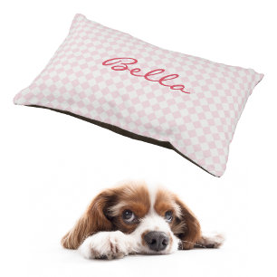 Pink Checkered Pattern Dog Cat Puppy Name Plush Pet Bed
