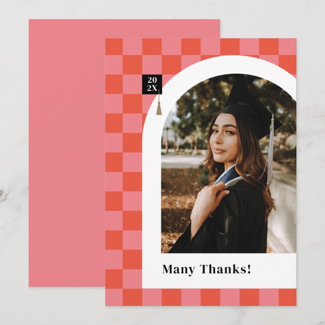 Pink Checkered Photo Graduation Thank You Card (Front/Back)