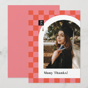 Pink Checkered Photo Graduation Thank You Card