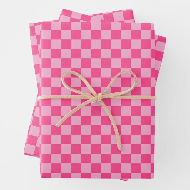 Pink Checkered Print Wrapping Paper Sheets (In situ)