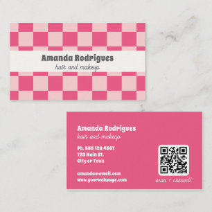 Pink Checkered QR Code Hair Makeup Business Card 