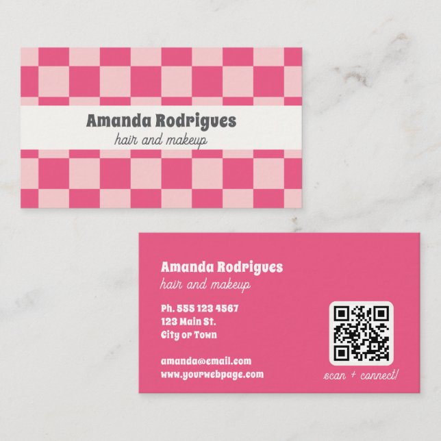 Pink Checkered QR Code Hair Makeup Business Card  (Front/Back)