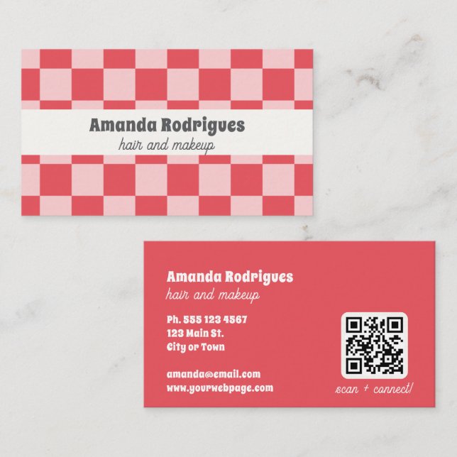 Pink Checkered QR Code Hairstylist Business Card  (Front/Back)