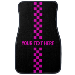 Pink Checkered Racing Stripe Custom Text - Girls Car Floor Mat