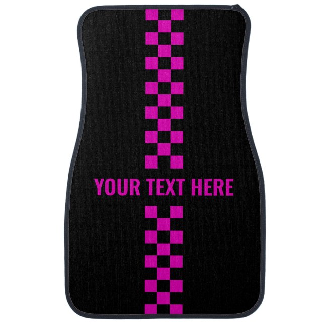 Pink Checkered Racing Stripe Custom Text - Girls Car Floor Mat (Front)