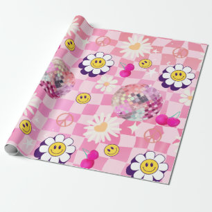 pink checkered Retro Groovy  Wrapping Paper
