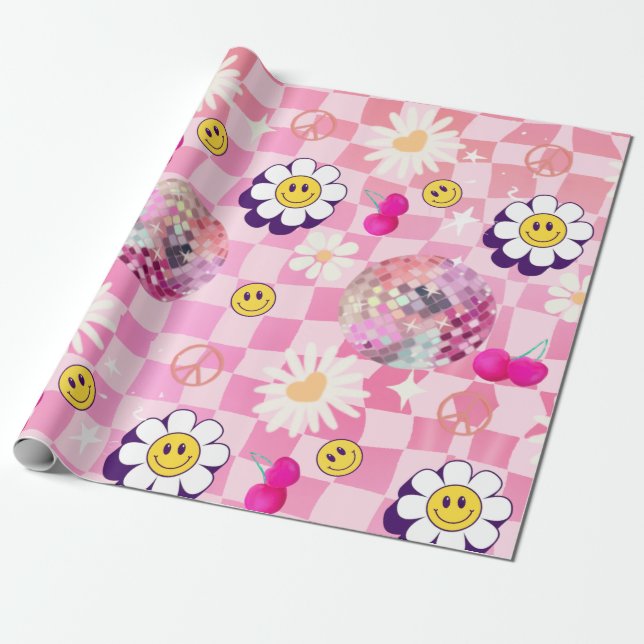 pink checkered Retro Groovy  Wrapping Paper (Unrolled)