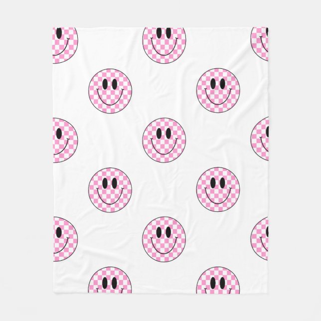 Pink Checkered Smile Face Blanket  (Front)