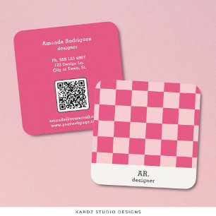 Pink Checkered Square Designer Business Card