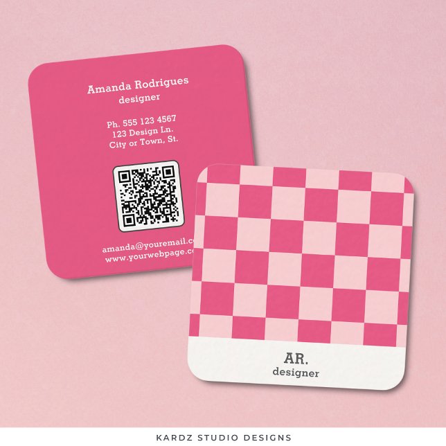 Pink Checkered Square Designer Business Card  (Front and back of card shown in 2.5 x 2.5 inch. with round corners. Choose corner style.)