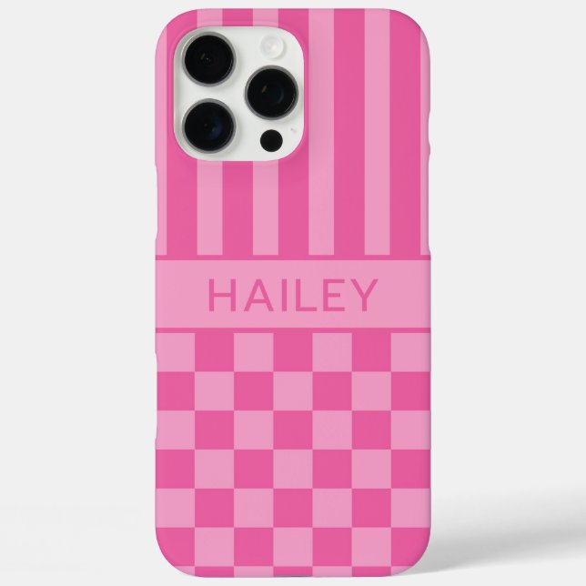 Pink Checkered Striped Personalized Case-Mate iPhone Case (Back)