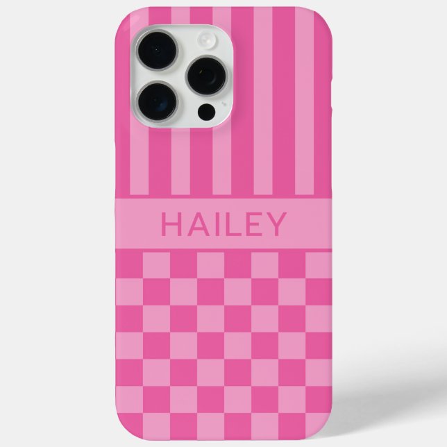 Pink Checkered Striped Personalized Case-Mate iPhone Case (Back)