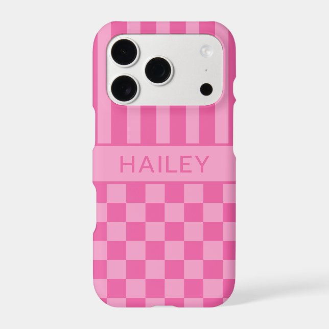 Pink Checkered Striped Personalized Case-Mate iPhone Case (Back)