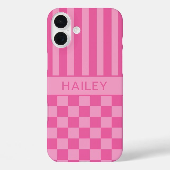 Pink Checkered Striped Personalized Case-Mate iPhone Case (Back)