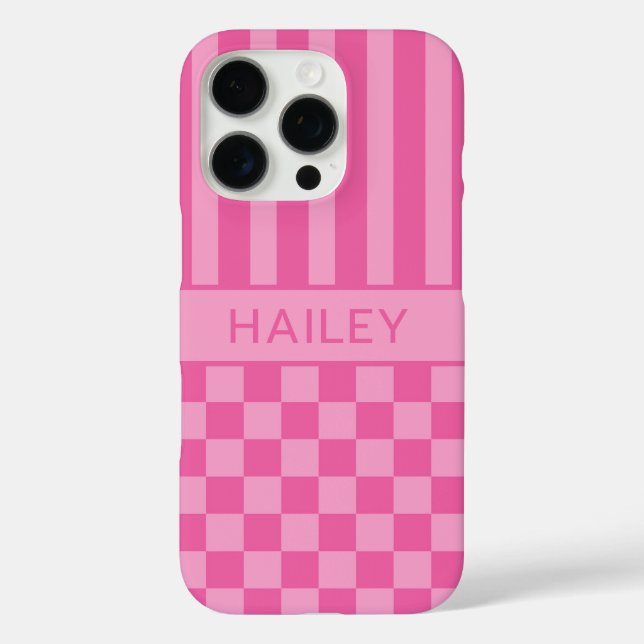 Pink Checkered Striped Personalized Case-Mate iPhone Case (Back)