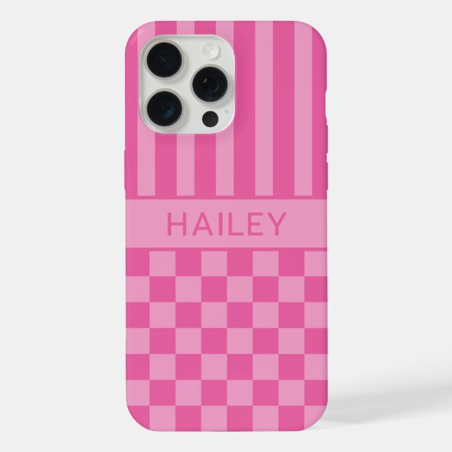Pink Checkered Striped Personalized Iphone Case (Back)
