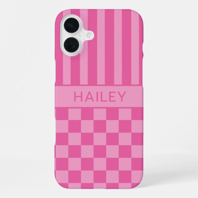 Pink Checkered Striped Personalized Iphone Case (Back)