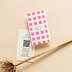 Pink Checkered Trendy Boho Funky Girly QR Code Business Card