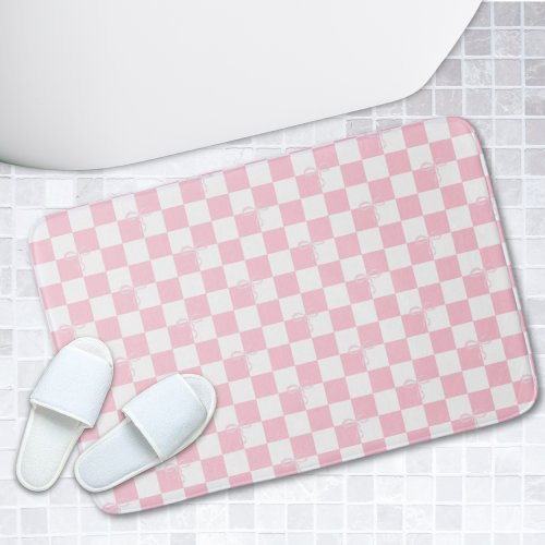 Pink Checkered Trendy Coquette Bathroom Bath Mat 