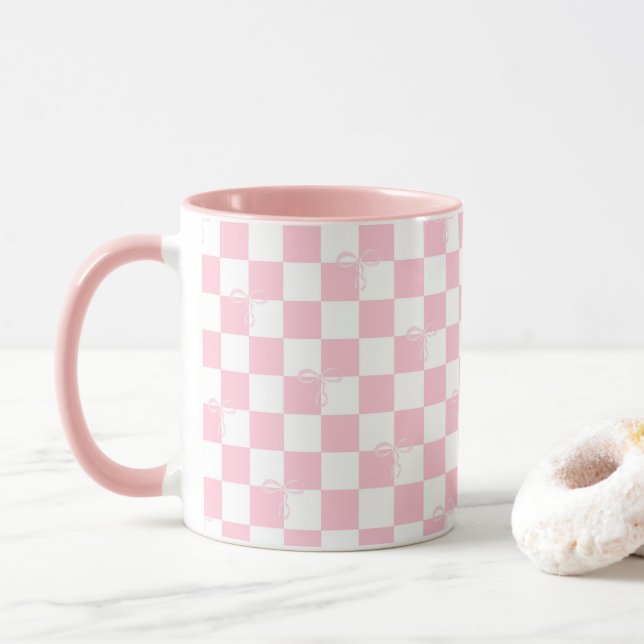 Pink Checkered Trendy Coquette Bows and Checks Mug (With Donut)